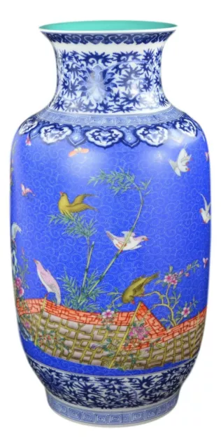 Classic Famille Rose Porcelain Vase, Etched-Flower Background, Birds and Flow...