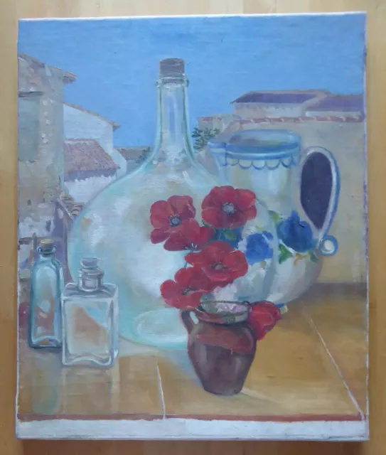 Vecchio Dipinto Olio Su Tela Natura Morta Fiori Oggetti Quadro Vintage Md7