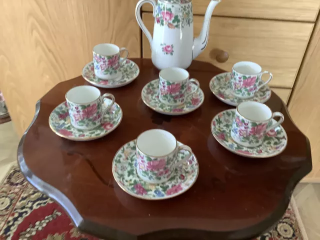Vintage Crown Staffordshire set 6coffee espresso cups & saucers + Coffee Pot
