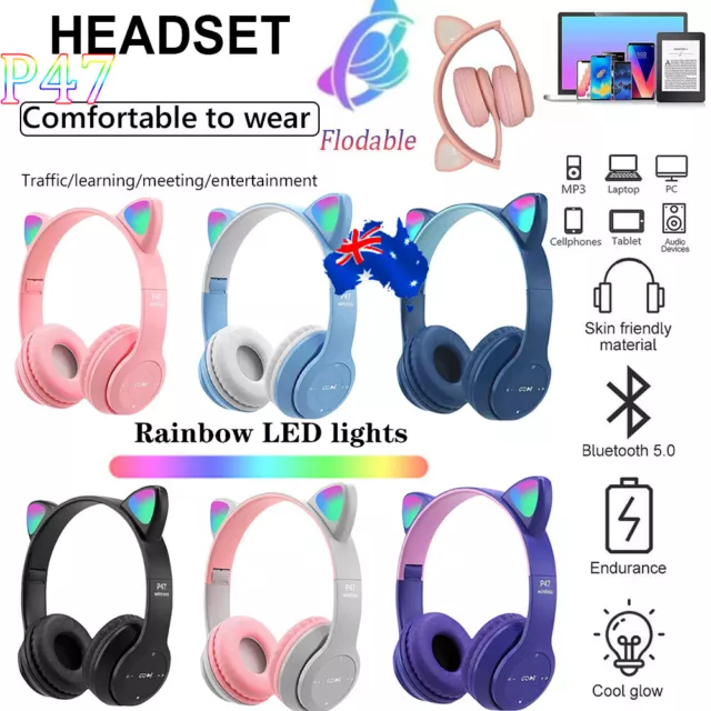 Bluetooth 5.0 Wireless Headphones Cat Ear Glow Light Cute for Kids and Adults AU