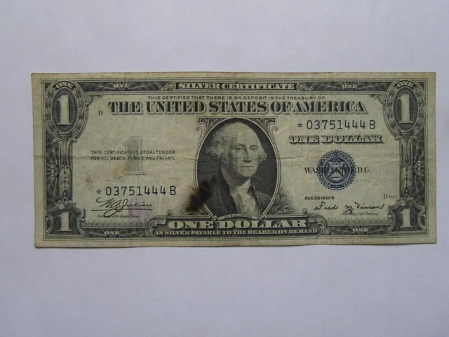 **RARE** 1935-B **STAR NOTE**(DAMAGED) $1 Dollar Blue Seal Silver Certificate 
