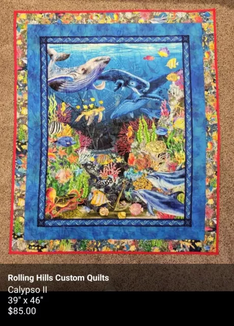 Quilt, Hand Made, Calypso II, Blue, Sea Life, Crib Size, 39" X 46", Cotton, New