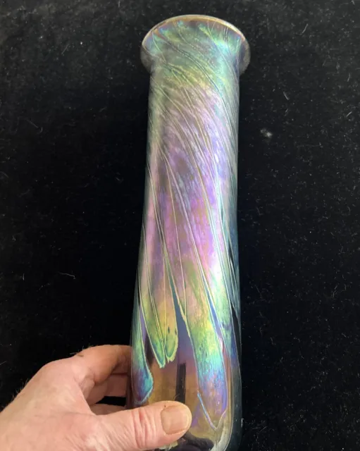 Amethyst Purple Blue Pink Iridescent Art Glass Cylinder Vase 12’in Tall.