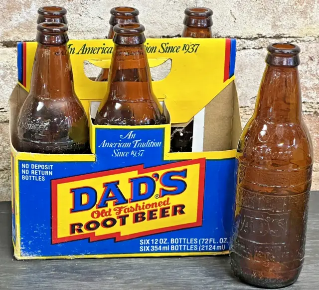 Vintage Dad's Old Fashioned Root Beer Six Pack Carton 12 oz Brown Glass Bottles