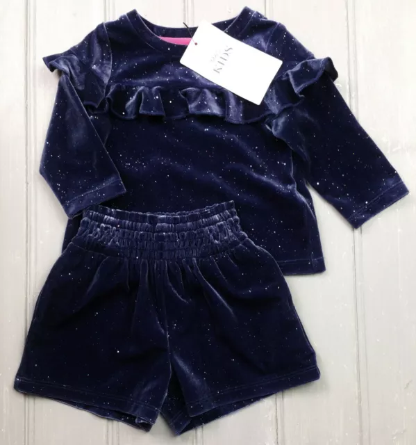 Baby Girls M&S Blue Sparkly Velour Party Top & Shorts Set Outfit 3-6 Months BNWT