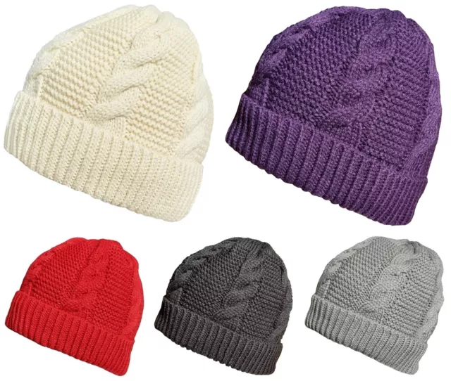 Mens or Womens Cable Knit Beanie Hat Cuffed Fur Lined Woolly Hats Winter Beanies