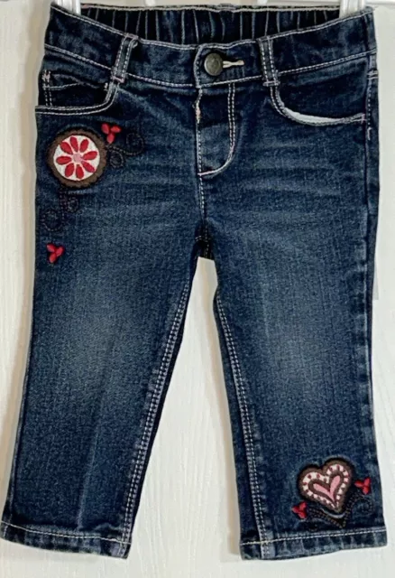 Gymboree Toddler Girl 12-18M Jeans Elastic Waist Embroidered Hearts/Flowers EUC