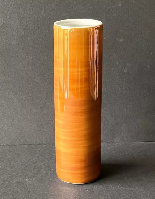 Elegant Handpainted Porcelain Bud Vase Orange Colour Cylinder Shape 6.75” Poland