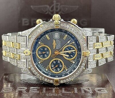 Breitling Chronomat Mens 39mm 6ct Iced Diamond 18k Gold & Steel Watch B13050.1