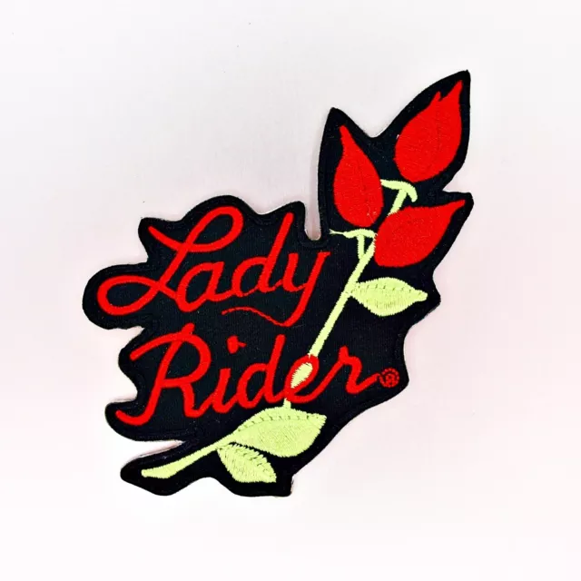 Lady Rider Patch — Iron On Badge Embroidered Motif — Rose Flower Biker