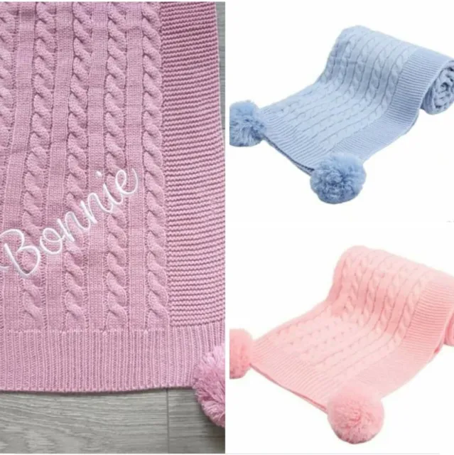 Personalised Cable Knit Pom Pom Baby Girl Boy Blanket Newborn / Gift