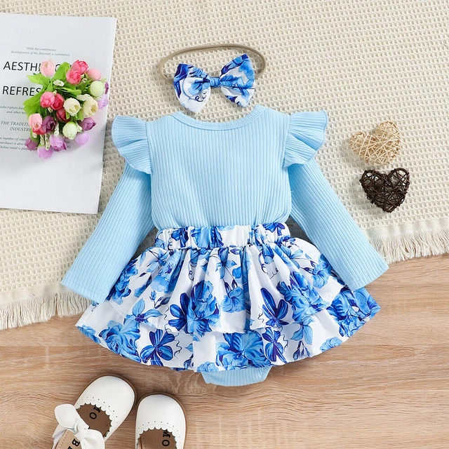 2PCS Newborn Baby Girls Floral Ribbed Romper Dress Headband Set Outfit Clothes 9