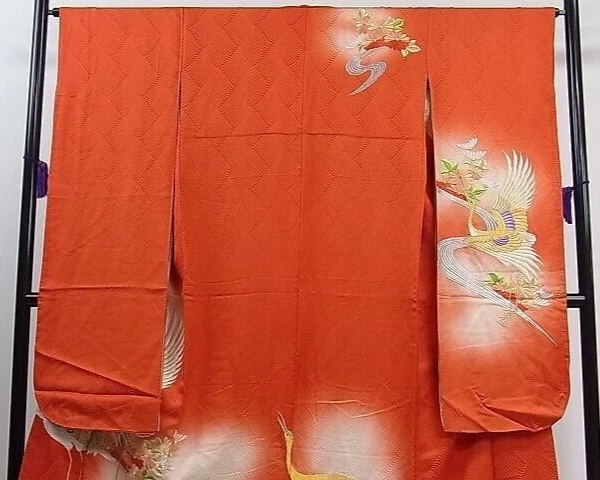 Woman Japanese Kimono Furisode Silk Crane Chrysanthemum Embroidery Vermilion 3