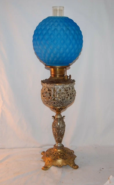 Antique Gwtw Ornate Faces Blue  Satin Quilted Beaded Ball Shade Banquet Oil Lamp