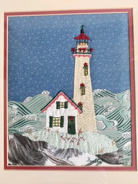 Handmade Quilted Patchwork Art Yuletide Lighthouse 1989 Bonita Siders Framed 2