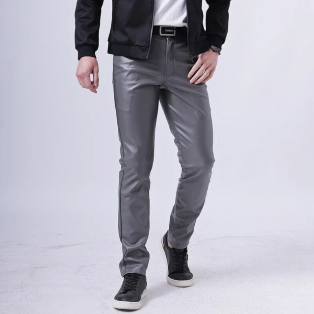 Hommes Faux Cuir Pantalon Extensible PU Leggings Pour Mouillé Look Brillant Slim