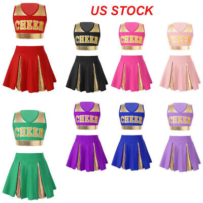 US Girls Kids Cheerleading Costume Crop Tops Pleated Skirt Set Uniform Dancewear