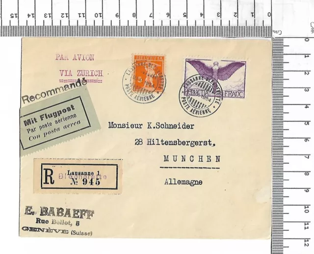 1924 poste aerienne R Lausanne Blecherette Munchen Allemagne via Zürich ; 61691