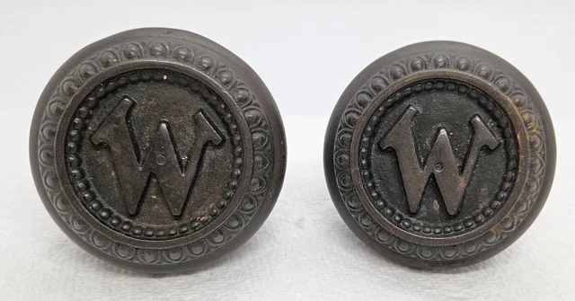 Antique Brass Door Knobs (2) 'W' Westcott Hotel, Richmond, In.  (1895-1977)