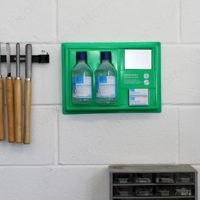 500ml Eyewash Station Panel. Wall Mountable with Mirror & Eye Dressings. Refills
