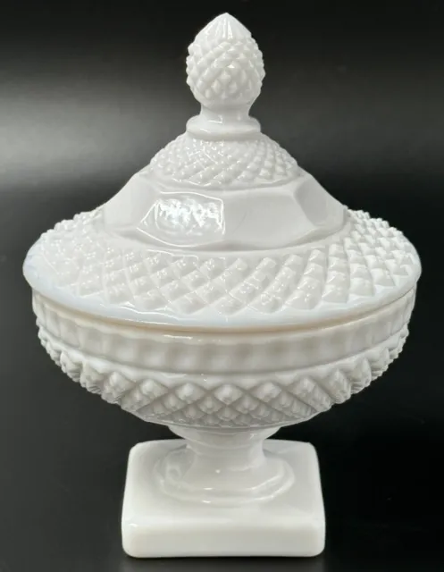 Westmoreland White Milk Glass Diamond Cut Compote Candy Bowl on Pedestal and Lid