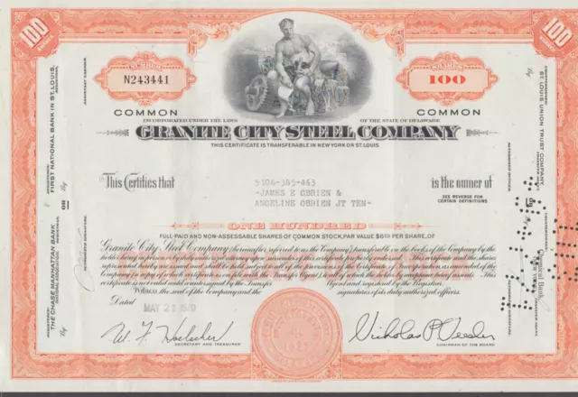 Granite City Steel Company 100-share Stock Certificate 1970