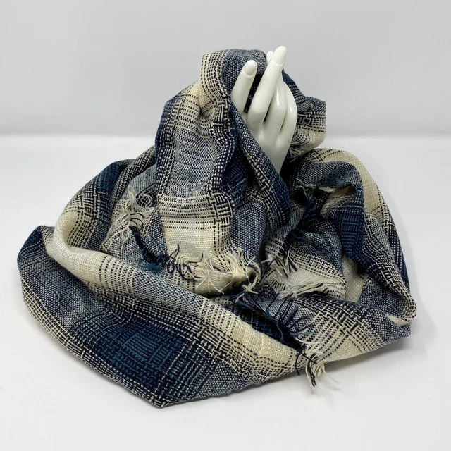 Infinity Scarf Fashion Blue Cream Plaid 27x68 Soft Acrylic Lightweight
