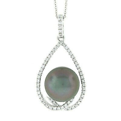 Neuf 14k or Blanc 9.7mm Tahiti Perle & Diamant Rond Larme Pendentif & Chaîne
