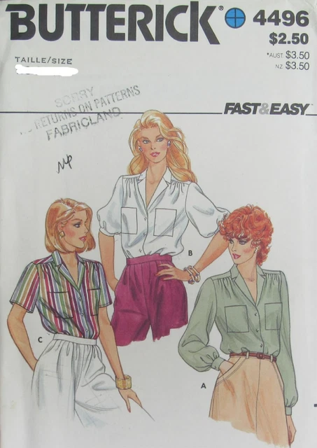 Vintage Butterick 4496 Misses 6-8-10 EASY Feminine Blouse Shirt Pattern UNCUT