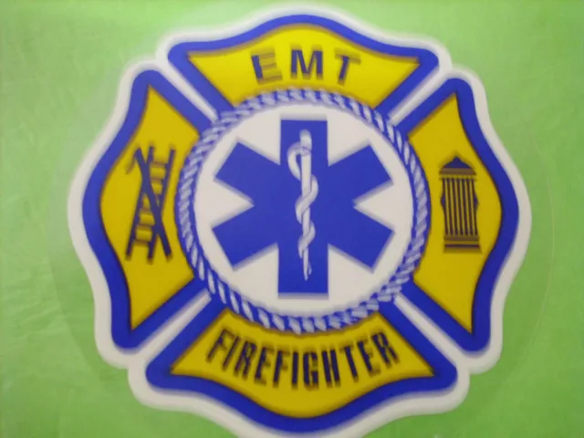 Firefighter Emt W/ Star Of Life Center  3" Navy Yellow (Inside Window)