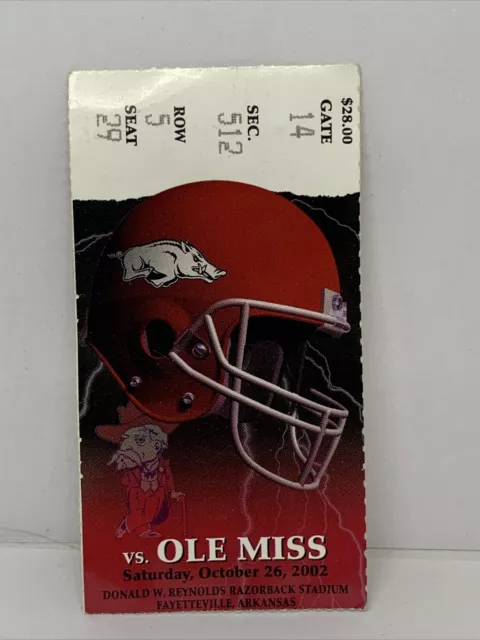 Arkansas Razorbacks Vs Ole Miss Rebels Football Ticket Stub 2002 Eli Manning
