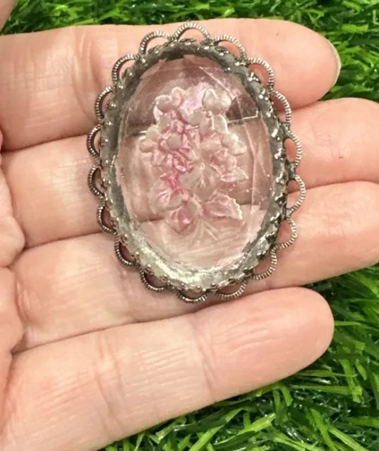 Vintage Silver Stone Oval Cameo Translucent Pink Flower Brooch Pin West Germany