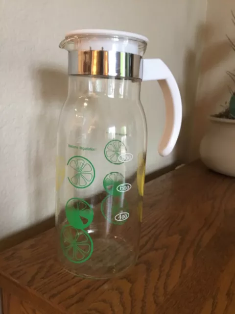 Mcm Vintage Quart Pyrex Pitcher With Handle And White Lid Lemon And Lime Motif