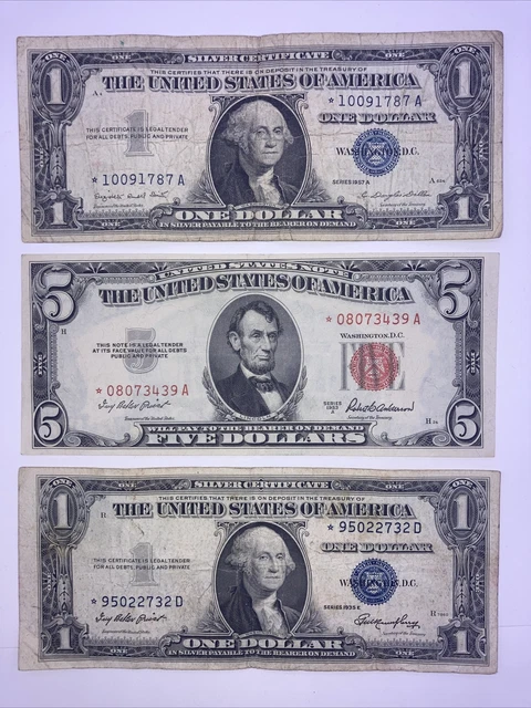 Star Notes 1953 ($5) Five Dollar Red Seal, 1935-1957 ($1) One Dollar Blue Seals