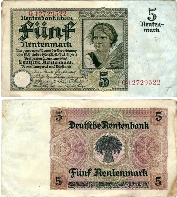 Rentenbankschein 5 Rentenmark 1926 Berlin DEU-209b Ro.164b P-169(2) SEHR SELTEN