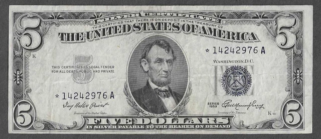 FR. 1655* STAR Five Dollars ($5) Series of 1953 Blue Seal Silver Certificate