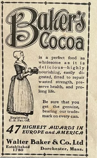 Vintage Print Ad Bakers Cocoa Dorchester Massachusetts Baking Food 1907