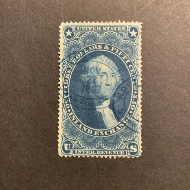 US 1863 Revenue Stamp: $3.50 Blue Inland Exchange w/ cds, Scott # R87c