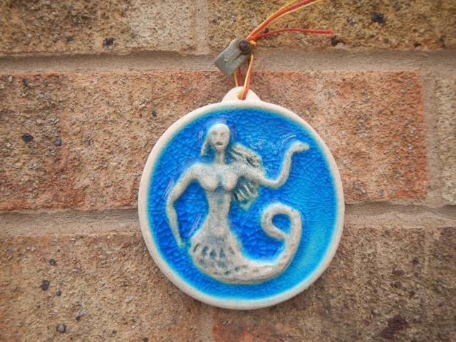 Round Greek Ceramic Tile /Wall Hanging , Mermaid , Blue