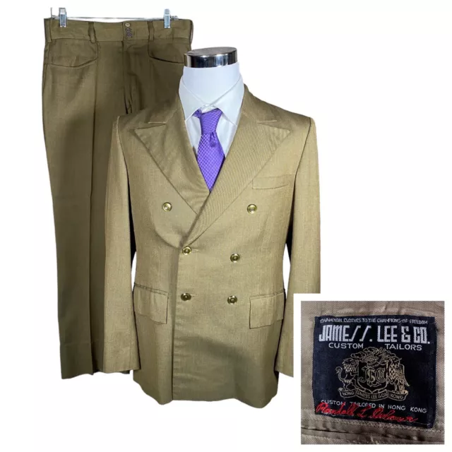 Vintage 70s Custom Tailored 2 Piece Suit 40R/32W Double Breasted Jacket + Pants
