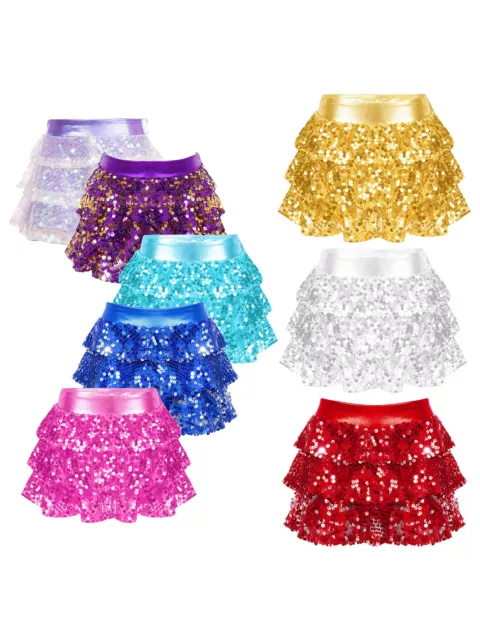 Kids Girls Dance Sequins Shorts Gift Skirted Tiered Dress Up Prom Bottom Skirt