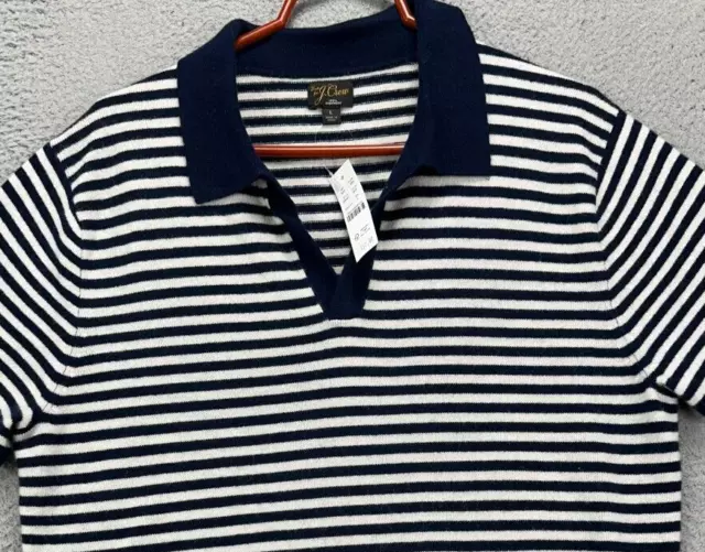 J.Crew Sweater Mens Large Blue White Candy Stripe Cashmere Polo Short Sleeve NEW