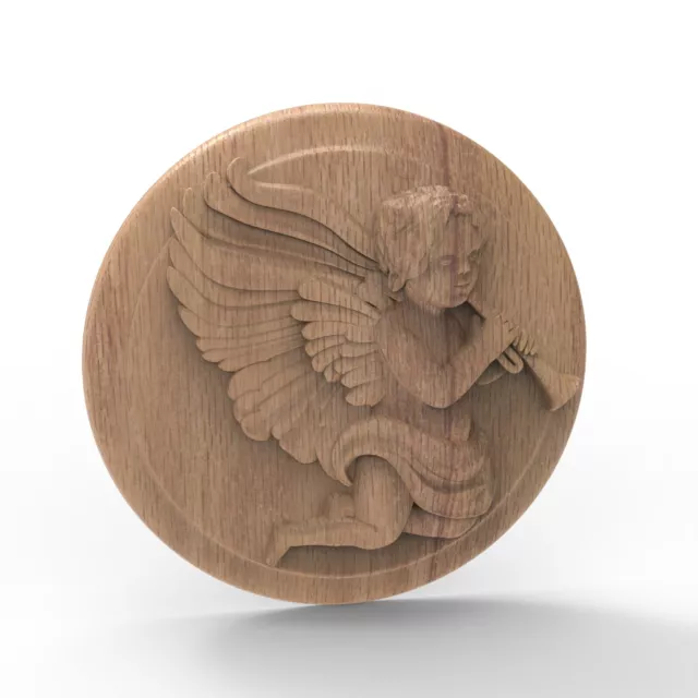 Wood Carved Angel Cherub Round Wall Hang Plaque Center Piece Furniture Ornament
