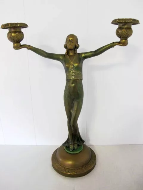 Art Deco Spelter Lady Candlelabra, Cold Painted, C1930'S