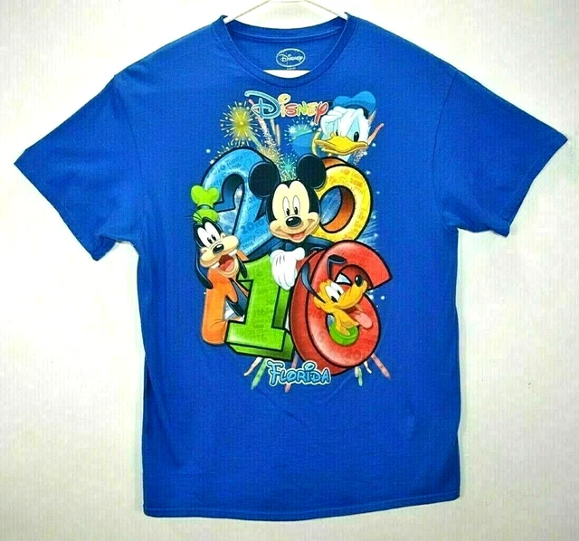 Disney Men's T-Shirt L Micky Donald Goofy Pluto Florida Blue Short Sleeve