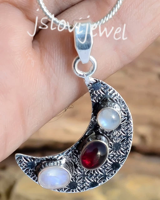 Arc-en-Ciel Lune,Rouge Gemme Grenat Pendentif 925 Argent Sterling Bijoux / R1245