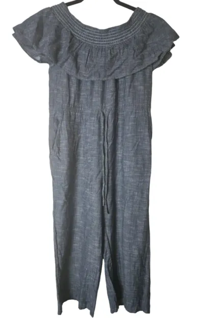 dRA Los Angeles Women's Chambray Ruffled Off The Shoulder Jumpersuit XS Wide Leg