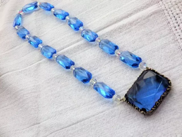 Vintage Sapphire Blue Glass Silver Necklace French ? Art Nouveau signed 2