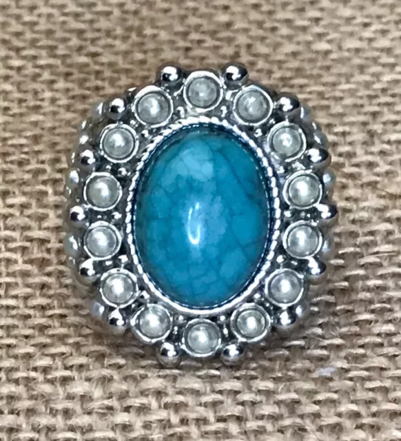 Avon Faux Turquoise And Pearl Statement Ring Size 7 1/4 Ornate Boho Bold