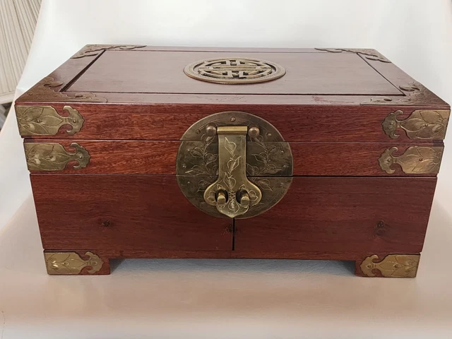 Authentic Vtg Chinese Rosewood Hongmu Brass Mount Jewelry Dresser Box Silk Lined